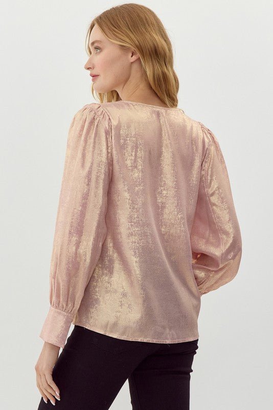 Jodifl Metallic Western V-Neck Puff Sleeve Blouse — Lightweight Elegant Layering Piece - Rooted & Reckless Co.