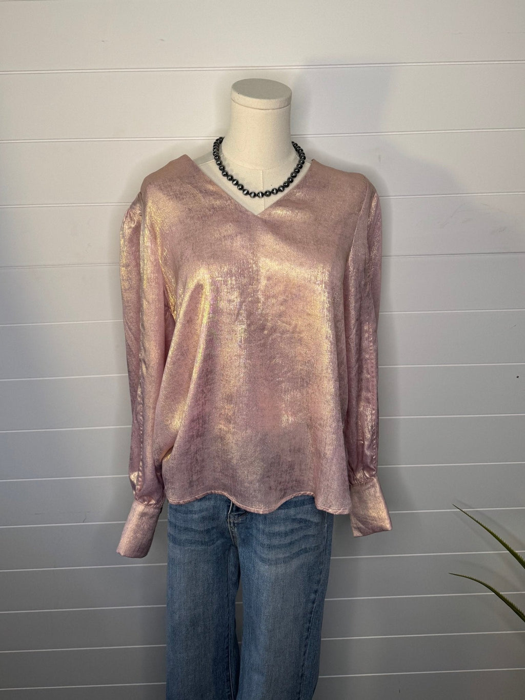 Jodifl Metallic Western V-Neck Puff Sleeve Blouse — Lightweight Elegant Layering Piece - Rooted & Reckless Co.