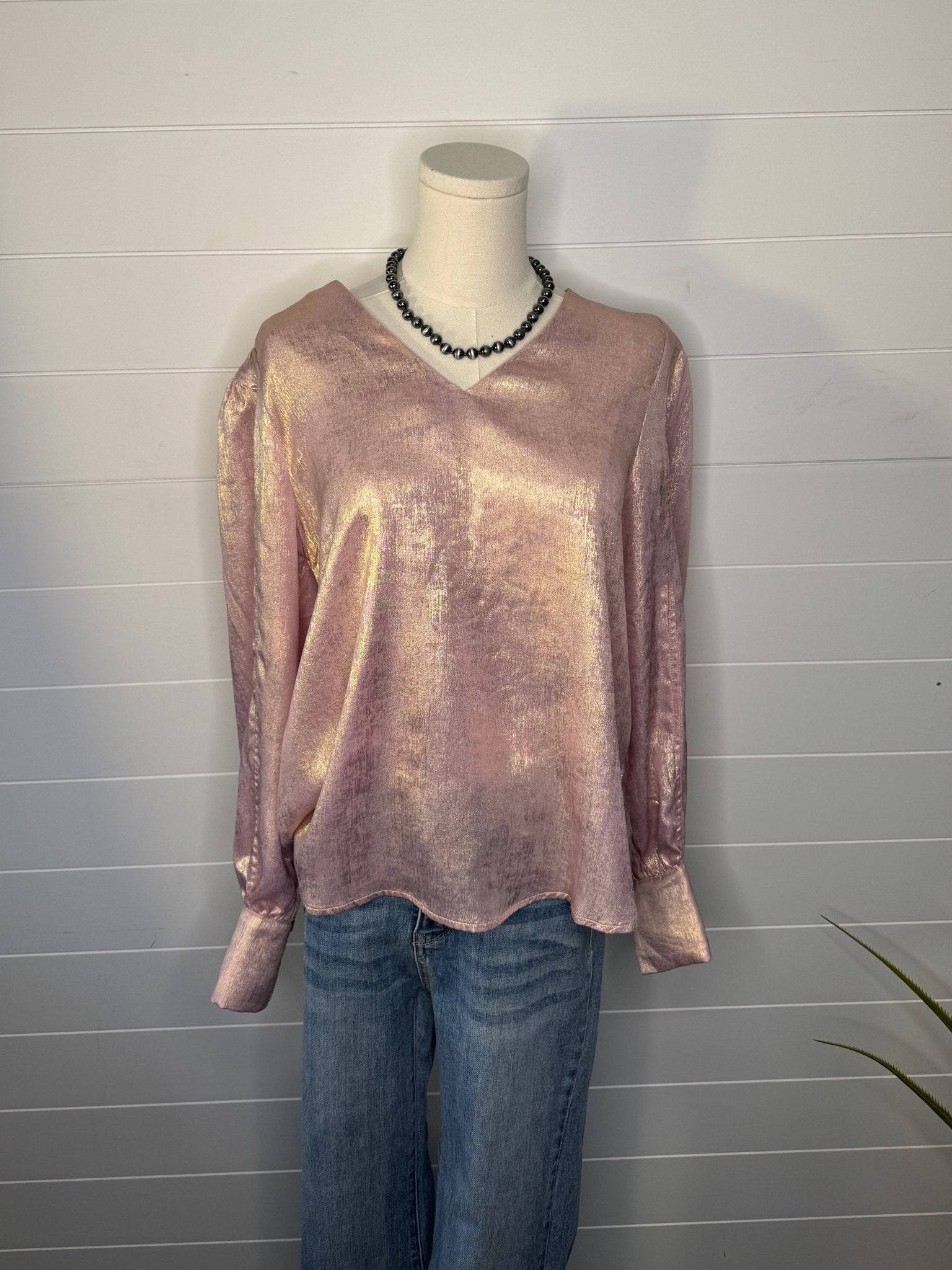 Jodifl Metallic Western V-Neck Puff Sleeve Blouse — Lightweight Elegant Layering Piece - Rooted & Reckless Co.