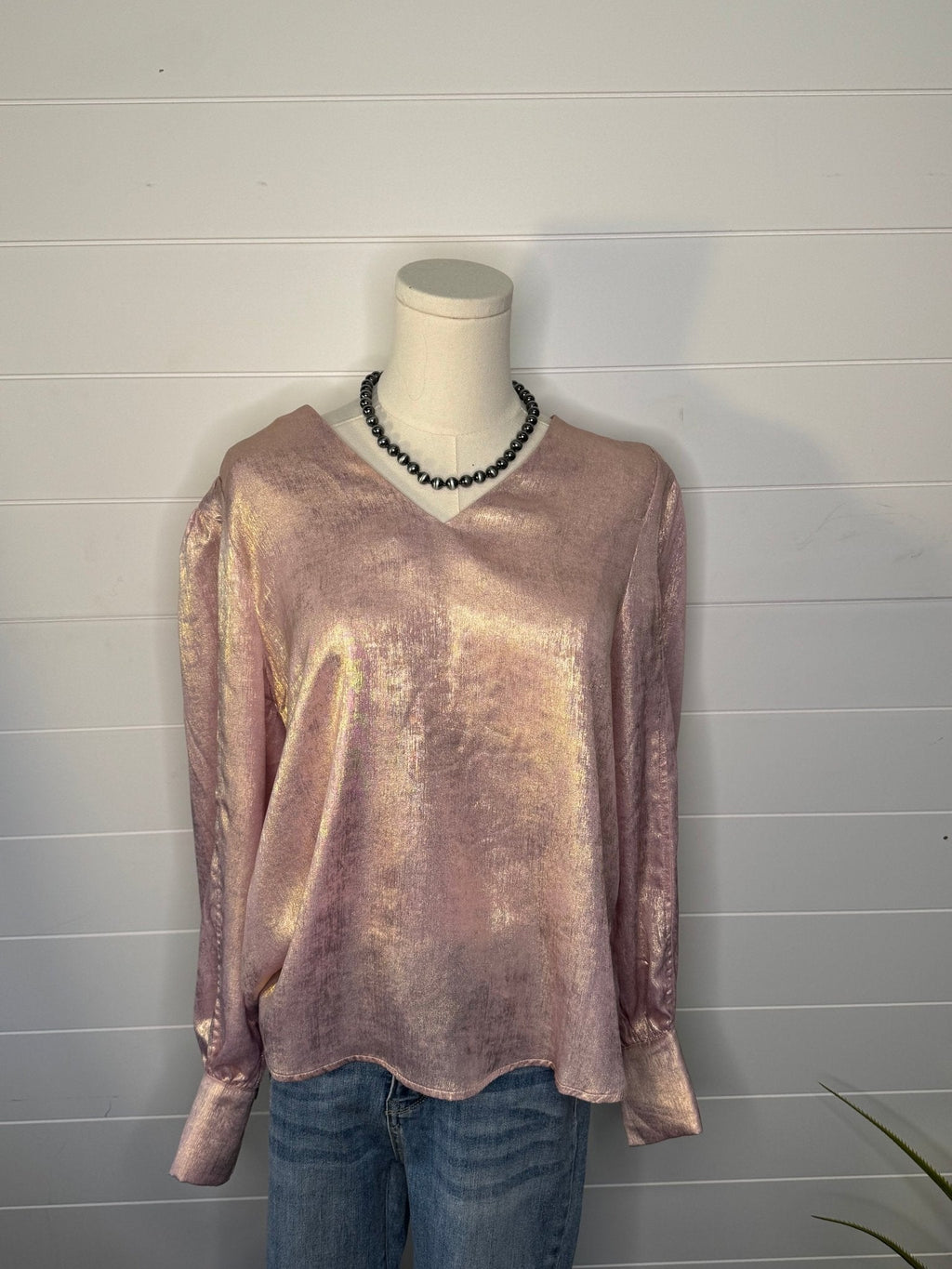 Jodifl Metallic Western V-Neck Puff Sleeve Blouse — Lightweight Elegant Layering Piece - Rooted & Reckless Co.
