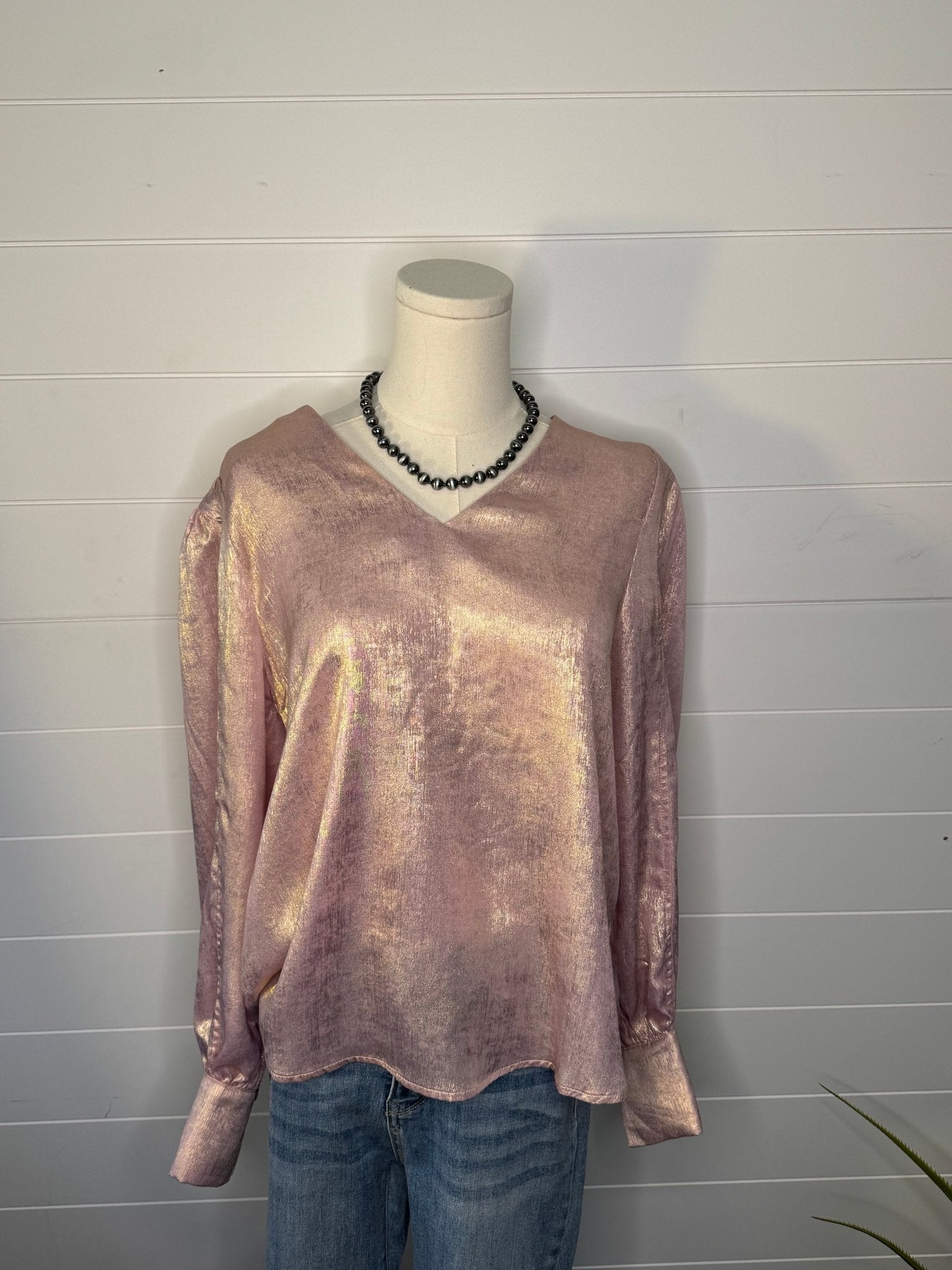 Jodifl Metallic Western V-Neck Puff Sleeve Blouse — Lightweight Elegant Layering Piece - Rooted & Reckless Co.