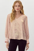 Jodifl Metallic Western V-Neck Puff Sleeve Blouse — Lightweight Elegant Layering Piece - Rooted & Reckless Co.