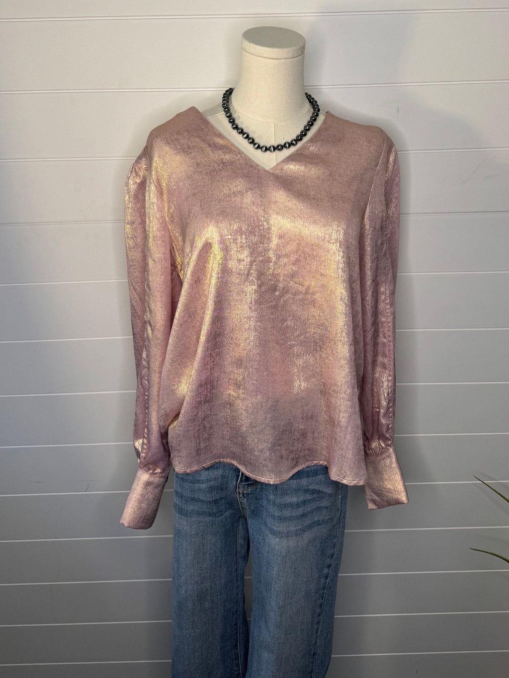 Jodifl Metallic Western V-Neck Puff Sleeve Blouse — Lightweight Elegant Layering Piece - Rooted & Reckless Co.