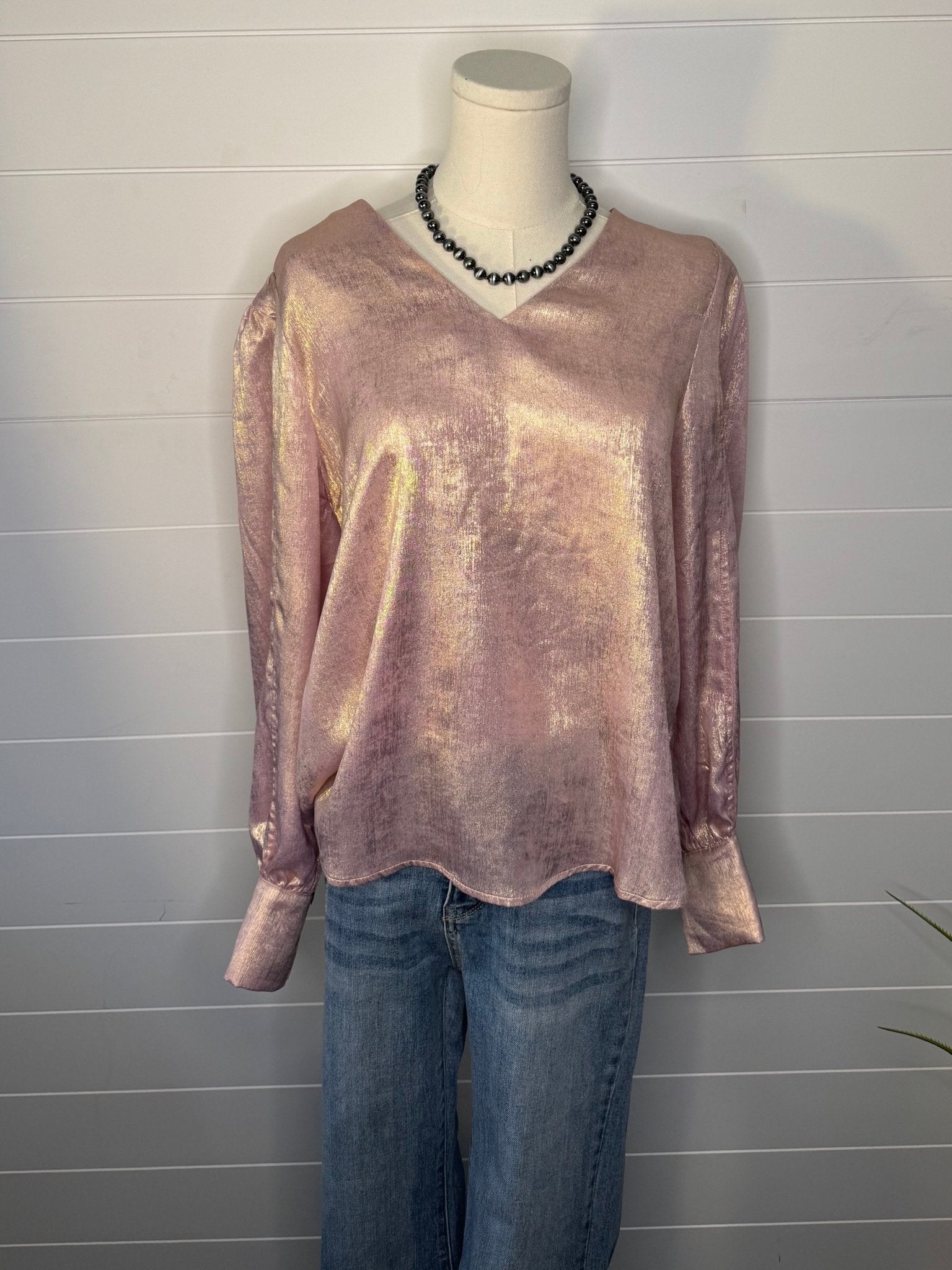 Jodifl Metallic Western V-Neck Puff Sleeve Blouse — Lightweight Elegant Layering Piece - Rooted & Reckless Co.
