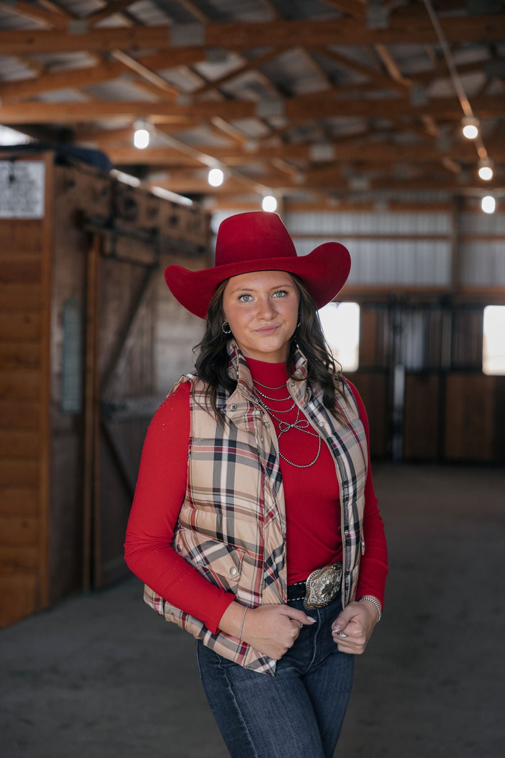 Jodifl Plaid Check Print Padded Western Vest — High Collar with Zipper & Snap Closure (Medium remaining) - Rooted & Reckless Co.