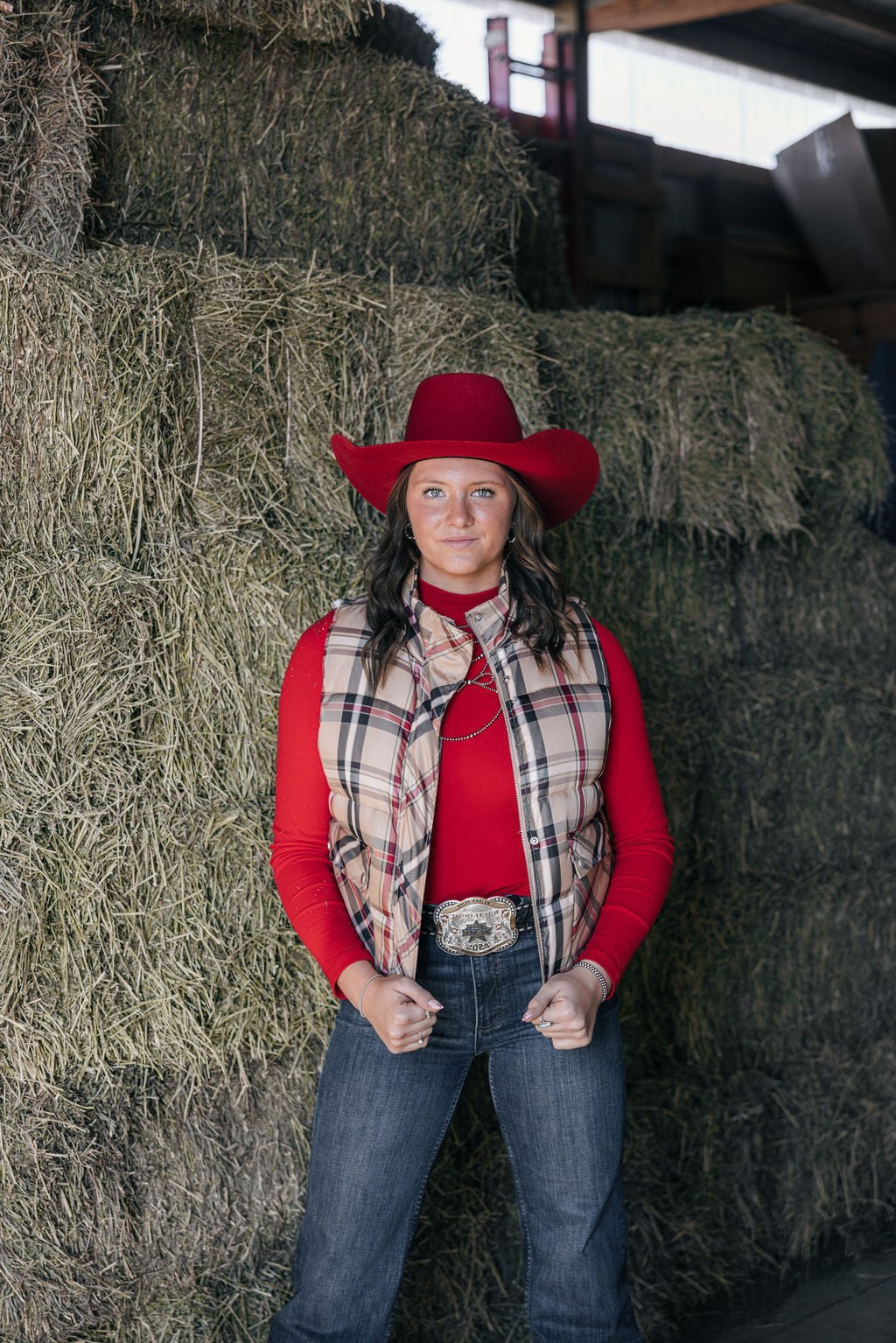 Jodifl Plaid Check Print Padded Western Vest — High Collar with Zipper & Snap Closure (Medium remaining) - Rooted & Reckless Co.