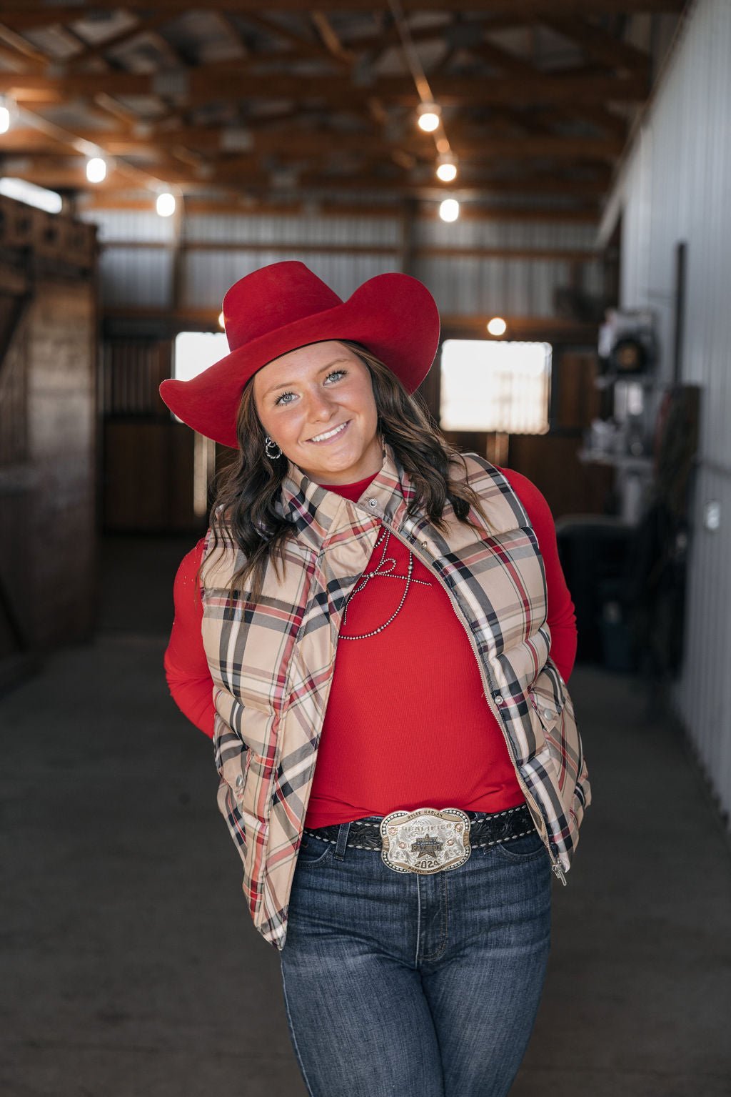 Jodifl Plaid Check Print Padded Western Vest — High Collar with Zipper & Snap Closure (Medium remaining) - Rooted & Reckless Co.