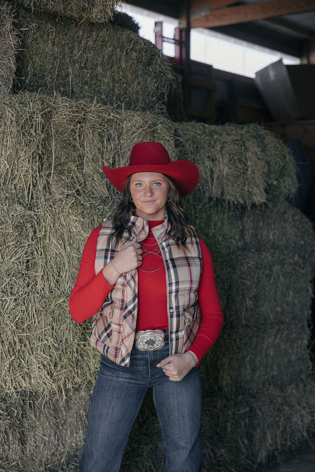 Jodifl Plaid Check Print Padded Western Vest — High Collar with Zipper & Snap Closure (Medium remaining) - Rooted & Reckless Co.
