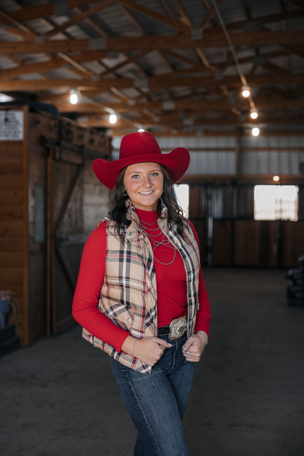 Jodifl Plaid Check Print Padded Western Vest — High Collar with Zipper & Snap Closure (Medium remaining) - Rooted & Reckless Co.
