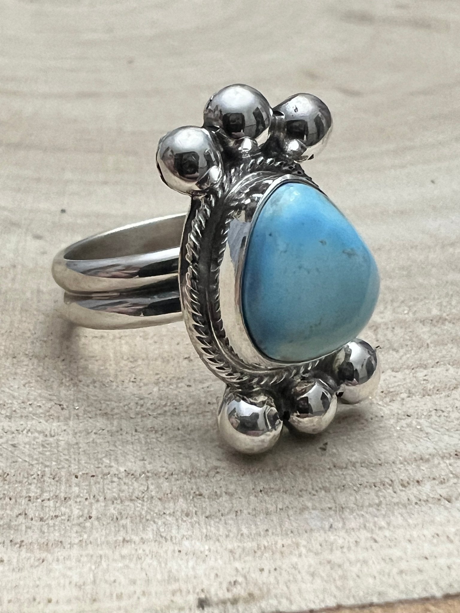 Joelias Draper Navajo Sterling Silver Ring with Golden Hills Turquoise — Adjustable (Hallmarked Draper) - Rooted & Reckless Co.
