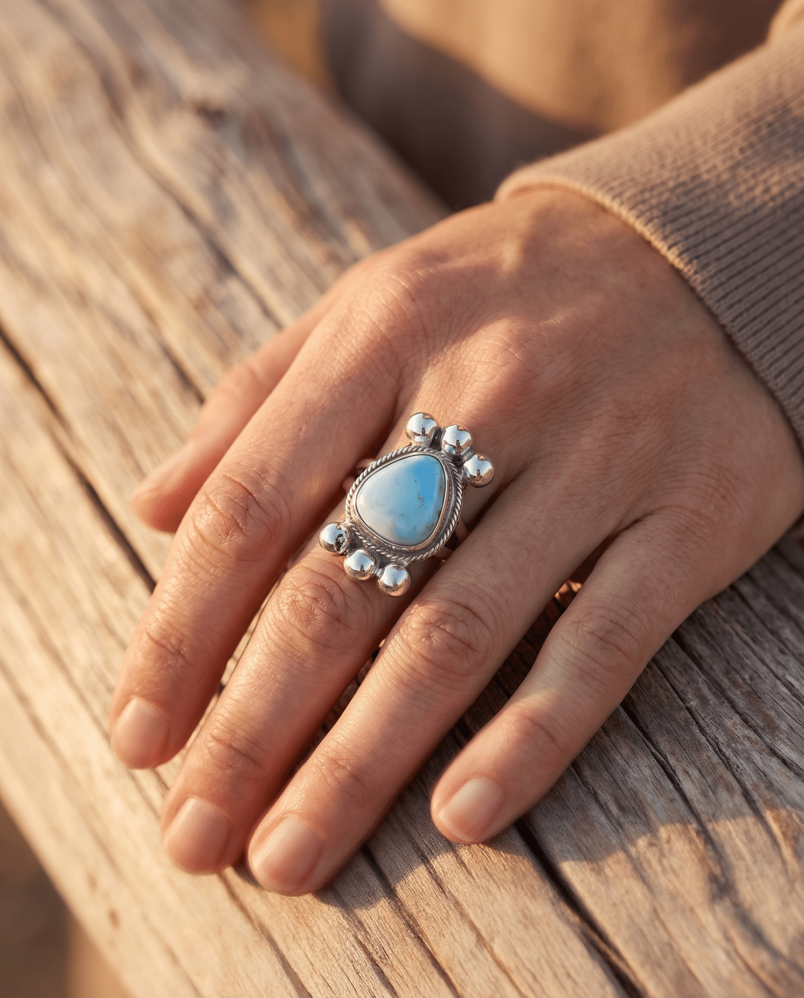 Joelias Draper Navajo Sterling Silver Ring with Golden Hills Turquoise — Adjustable (Hallmarked Draper) - Rooted & Reckless Co.
