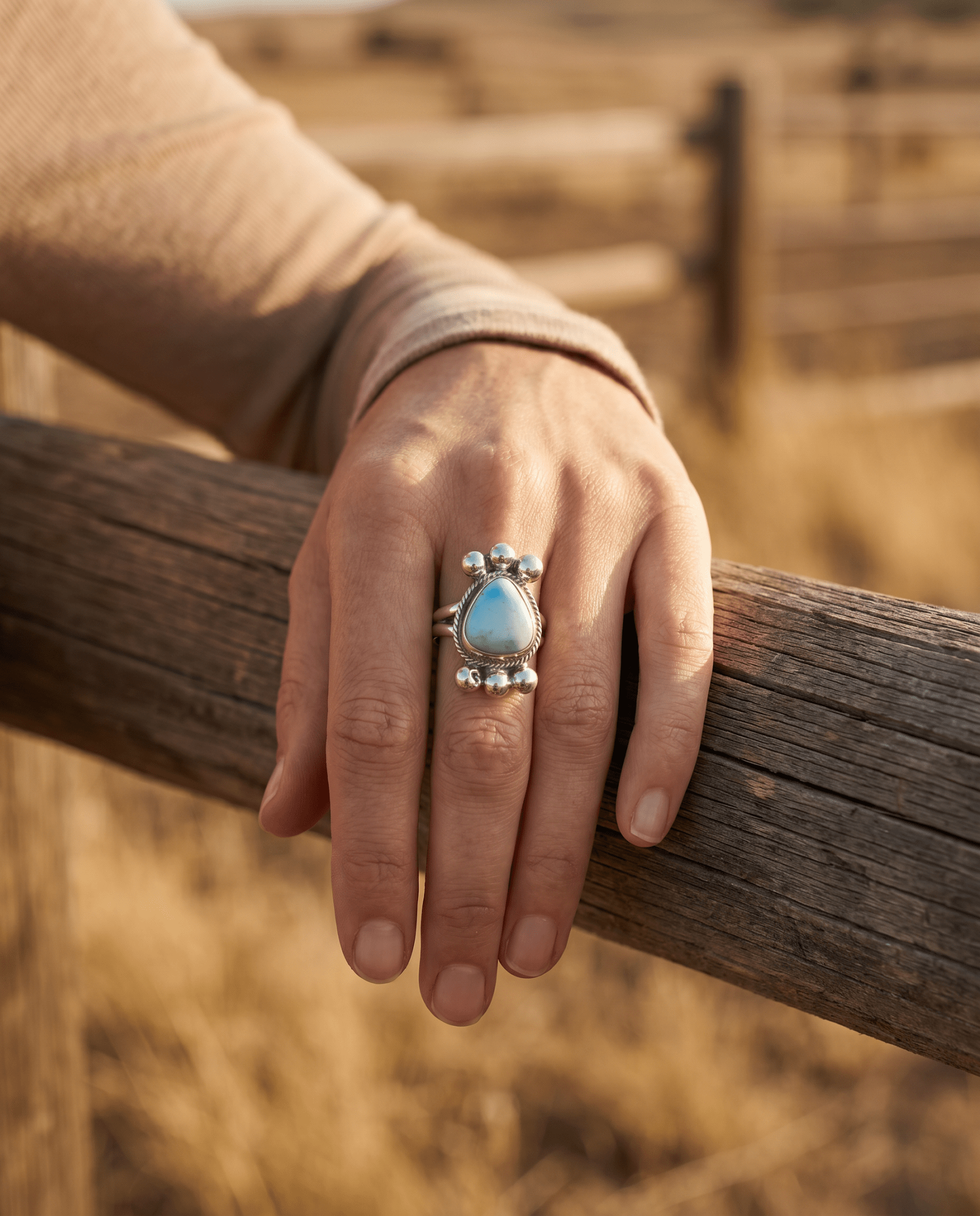 Joelias Draper Navajo Sterling Silver Ring with Golden Hills Turquoise — Adjustable (Hallmarked Draper) - Rooted & Reckless Co.