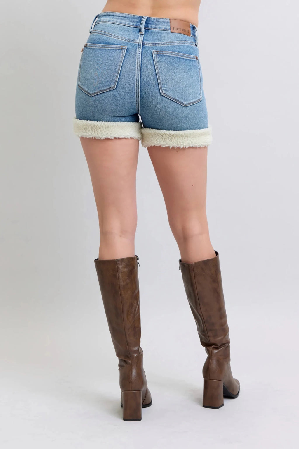 Judy Blue Full Size Hw Tummy Control Shearling Cuff Denim Shorts Plus Size - Rooted & Reckless Co.
