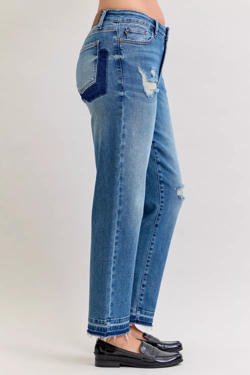 Judy Blue Full Size Mid Rise Bf Patch & Repair Destroy Release Hem Jeans Plus Size - Rooted & Reckless Co.