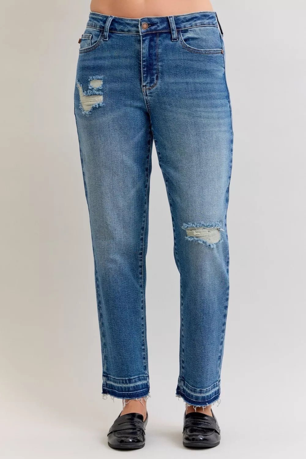 Judy Blue Full Size Mid Rise Bf Patch & Repair Destroy Release Hem Jeans Plus Size - Rooted & Reckless Co.
