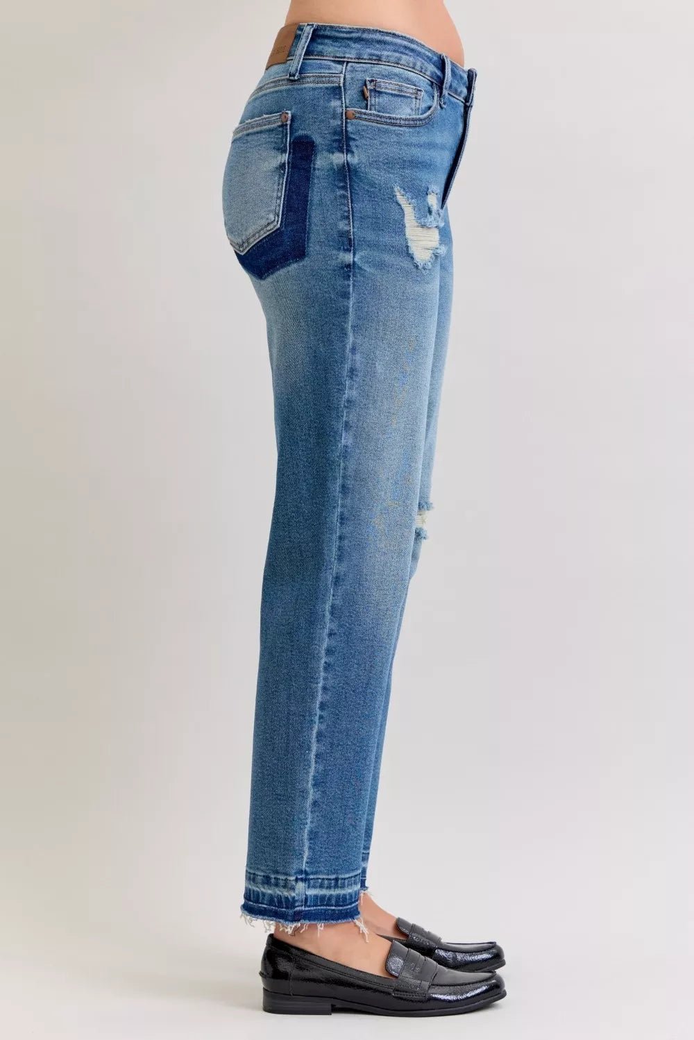 Judy Blue Full Size Mid Rise Bf Patch & Repair Destroy Release Hem Jeans Plus Size - Rooted & Reckless Co.
