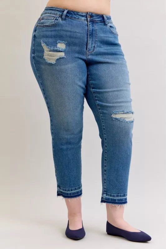 Judy Blue Full Size Mid Rise Bf Patch & Repair Destroy Release Hem Jeans Plus Size - Rooted & Reckless Co.