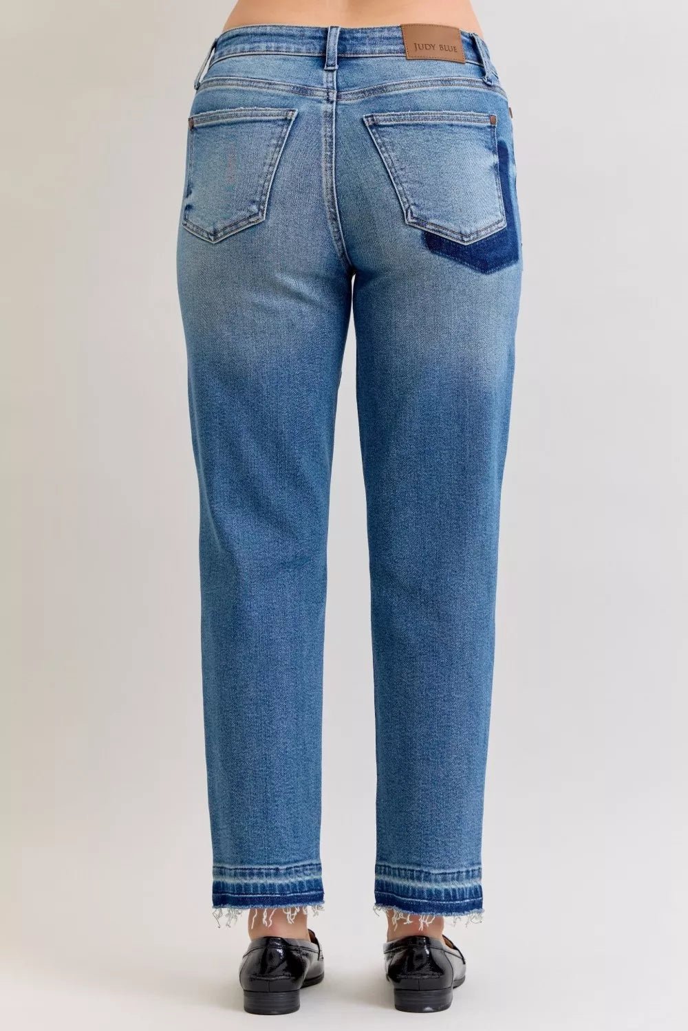 Judy Blue Full Size Mid Rise Bf Patch & Repair Destroy Release Hem Jeans Plus Size - Rooted & Reckless Co.