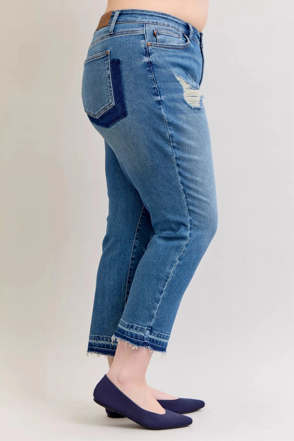 Judy Blue Full Size Mid Rise Bf Patch & Repair Destroy Release Hem Jeans Plus Size - Rooted & Reckless Co.