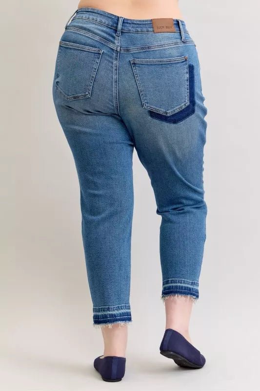 Judy Blue Full Size Mid Rise Bf Patch & Repair Destroy Release Hem Jeans Plus Size - Rooted & Reckless Co.