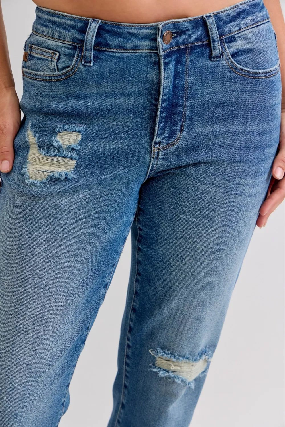 Judy Blue Full Size Mid Rise Bf Patch & Repair Destroy Release Hem Jeans Plus Size - Rooted & Reckless Co.