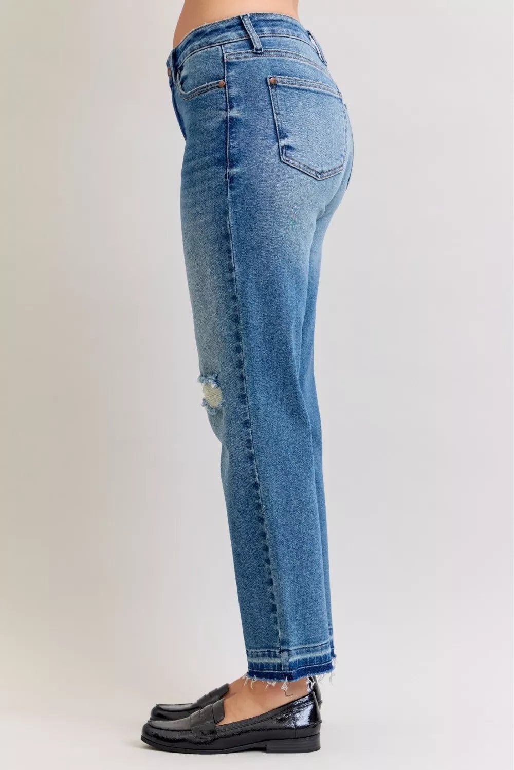 Judy Blue Full Size Mid Rise Bf Patch & Repair Destroy Release Hem Jeans Plus Size - Rooted & Reckless Co.