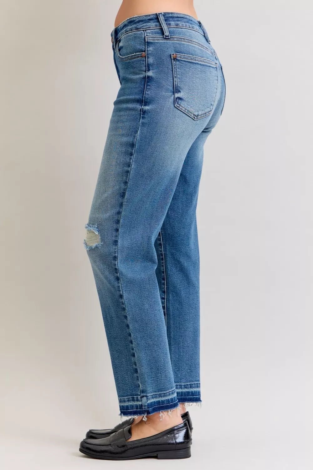 Judy Blue Full Size Mid Rise Bf Patch & Repair Destroy Release Hem Jeans Plus Size - Rooted & Reckless Co.