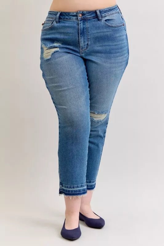 Judy Blue Full Size Mid Rise Bf Patch & Repair Destroy Release Hem Jeans Plus Size - Rooted & Reckless Co.