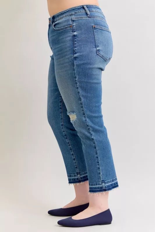 Judy Blue Full Size Mid Rise Bf Patch & Repair Destroy Release Hem Jeans Plus Size - Rooted & Reckless Co.