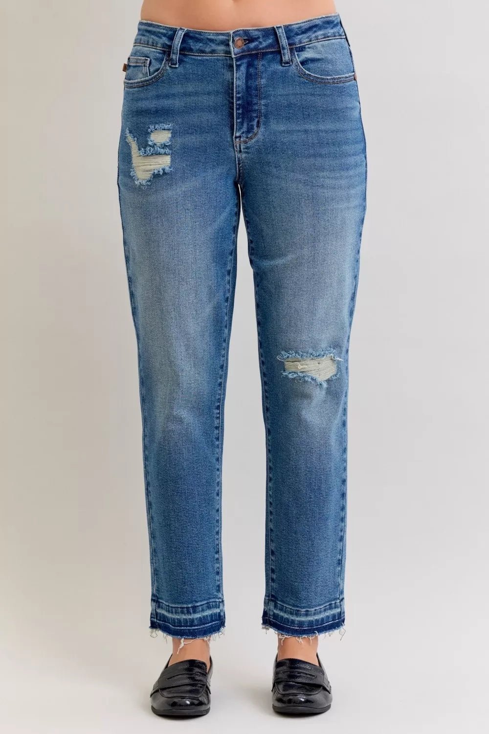 Judy Blue Full Size Mid Rise Bf Patch & Repair Destroy Release Hem Jeans Plus Size - Rooted & Reckless Co.