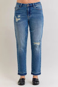 Judy Blue Full Size Mid Rise Bf Patch & Repair Destroy Release Hem Jeans Plus Size - Rooted & Reckless Co.