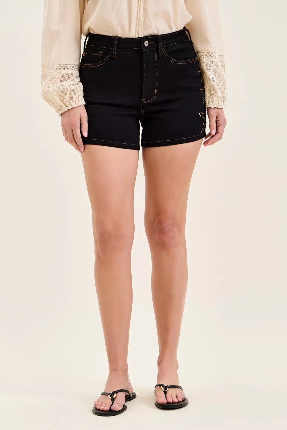 Judy Blue High Waist Slim Denim Short with Star Studded - Rooted & Reckless Co.