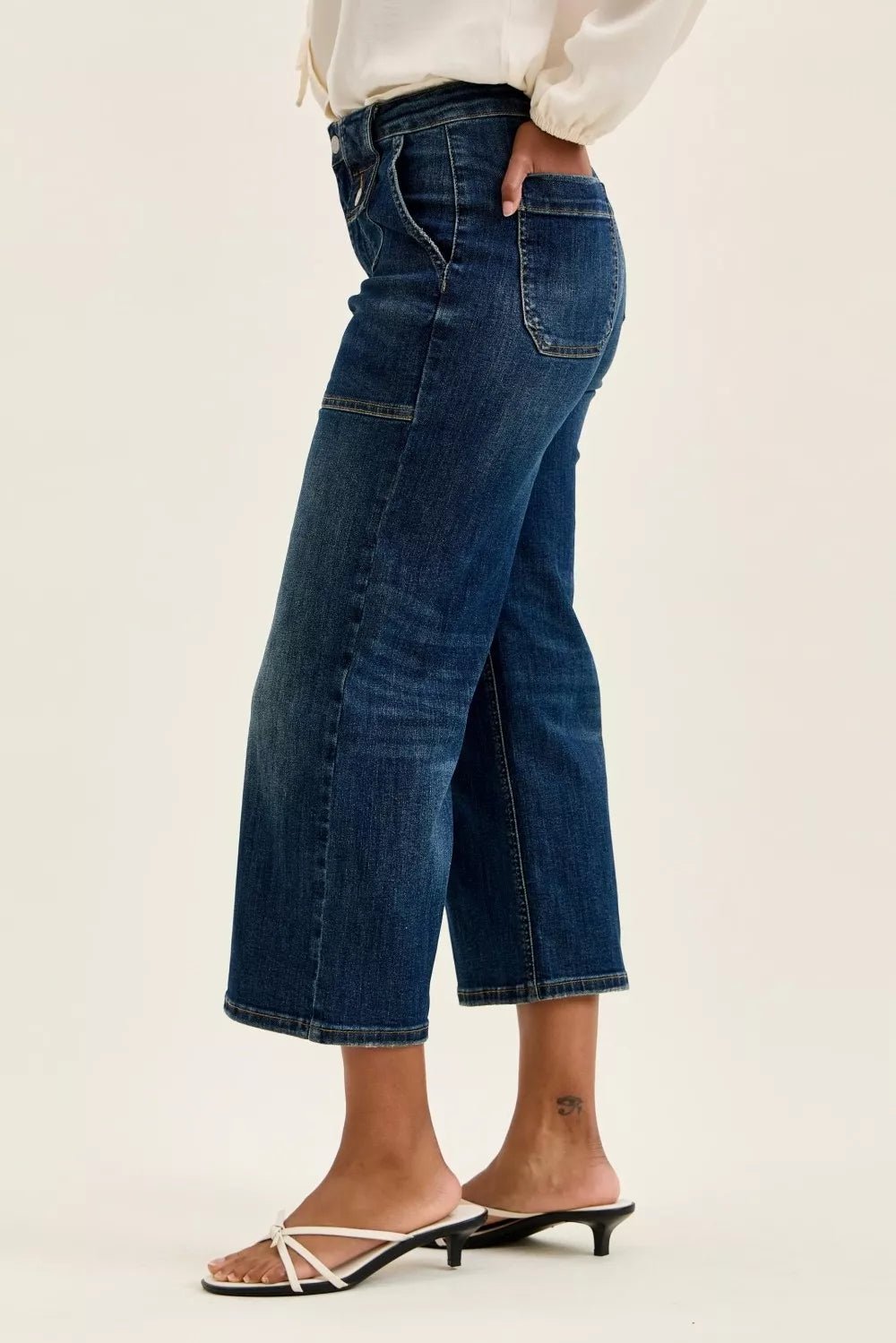 Judy Blue High Waist Wide Crop Utility Jeans with Patch Pocket - Rooted & Reckless Co.