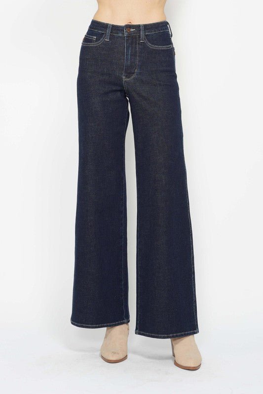 Judy Blue Retro Wide-Leg Western Jeans — Dark Wash Super Stretch, Non-Distressed (7 and 9 remain) - Rooted & Reckless Co.