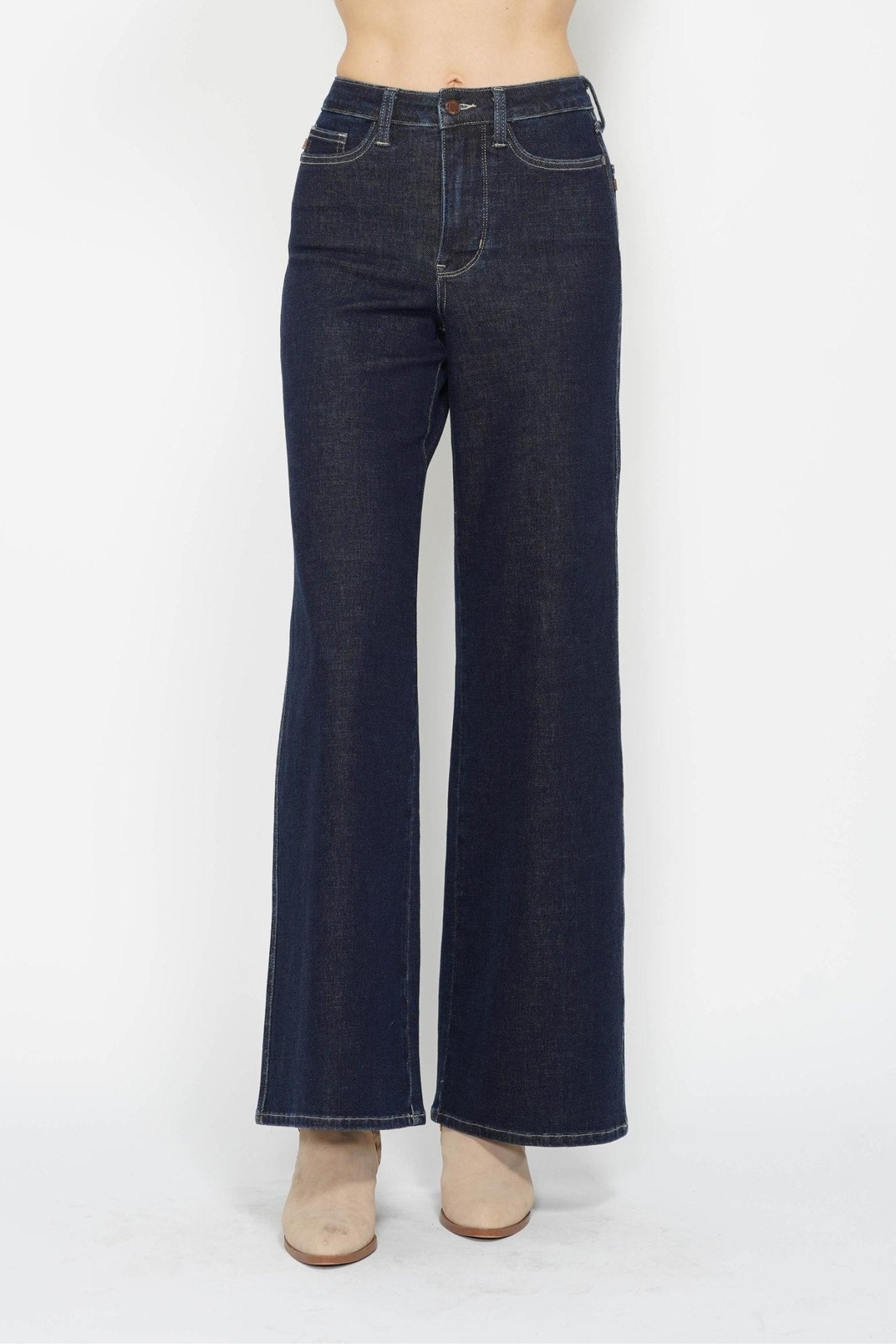 Judy Blue Retro Wide-Leg Western Jeans — Dark Wash Super Stretch, Non-Distressed (7 and 9 remain) - Rooted & Reckless Co.