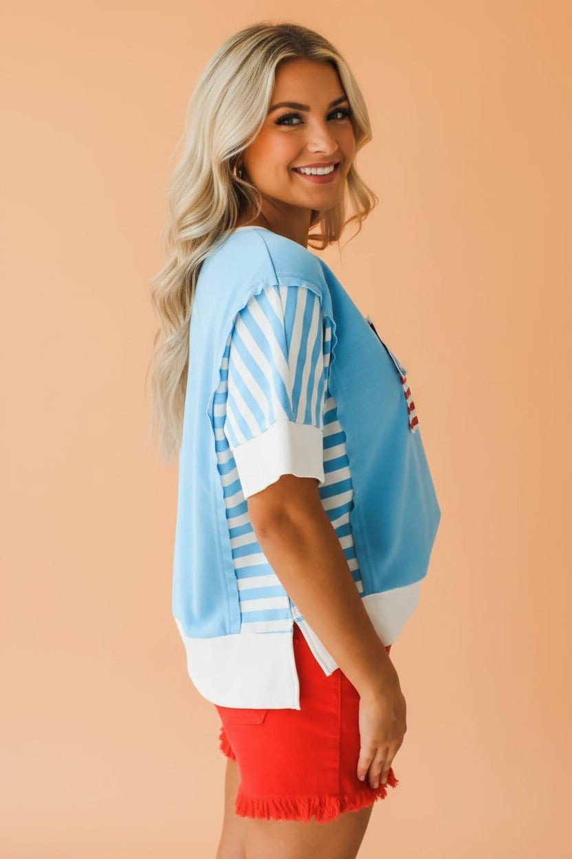 July 4th Flag Stripe Patchwork Colorblock T-Shirt - Rooted & Reckless Co.