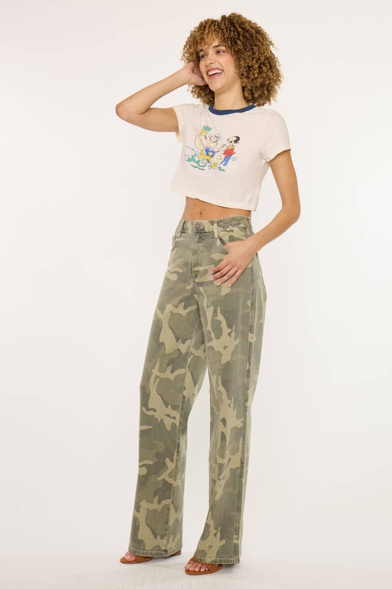 Kan Can High-Rise Camo Wide-Leg Western Jeans — Non-Distressed Comfort Stretch Denim with 32" Inseam - Rooted & Reckless Co.