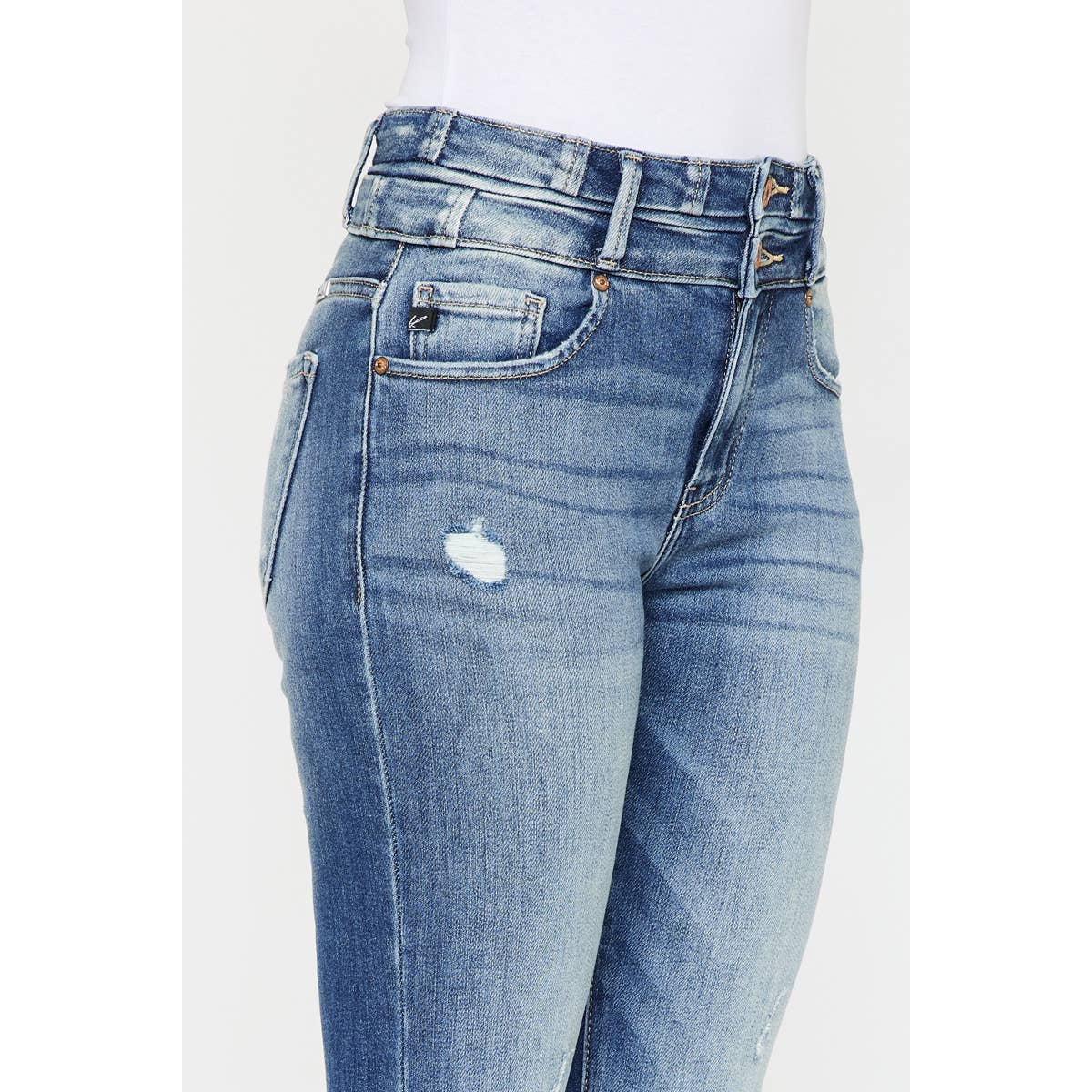 Kan Can High-Rise Super Flare Western Jeans — Dark Stone Wash with Two-Button Zip Fly & Distressed Detailing (Size 7 available) - Rooted & Reckless Co.