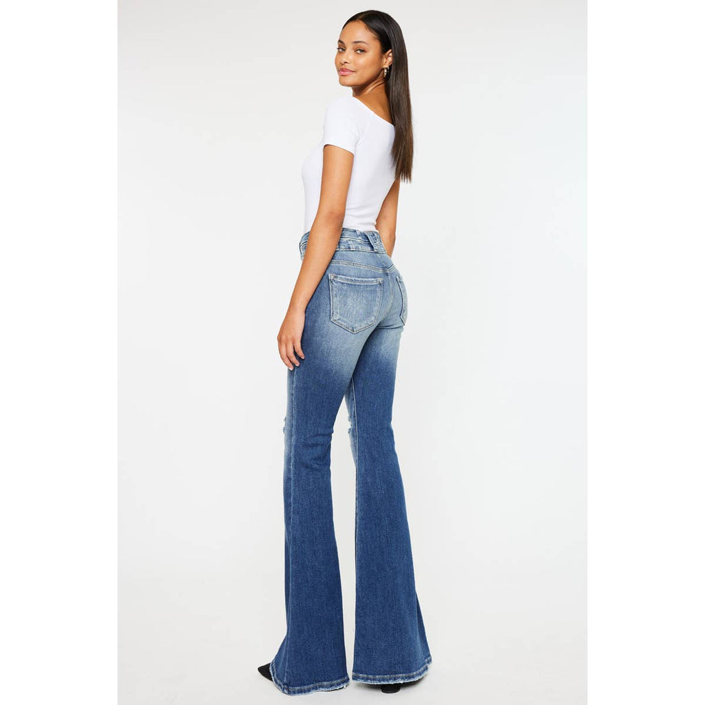 Kan Can High-Rise Super Flare Western Jeans — Dark Stone Wash with Two-Button Zip Fly & Distressed Detailing (Size 7 available) - Rooted & Reckless Co.