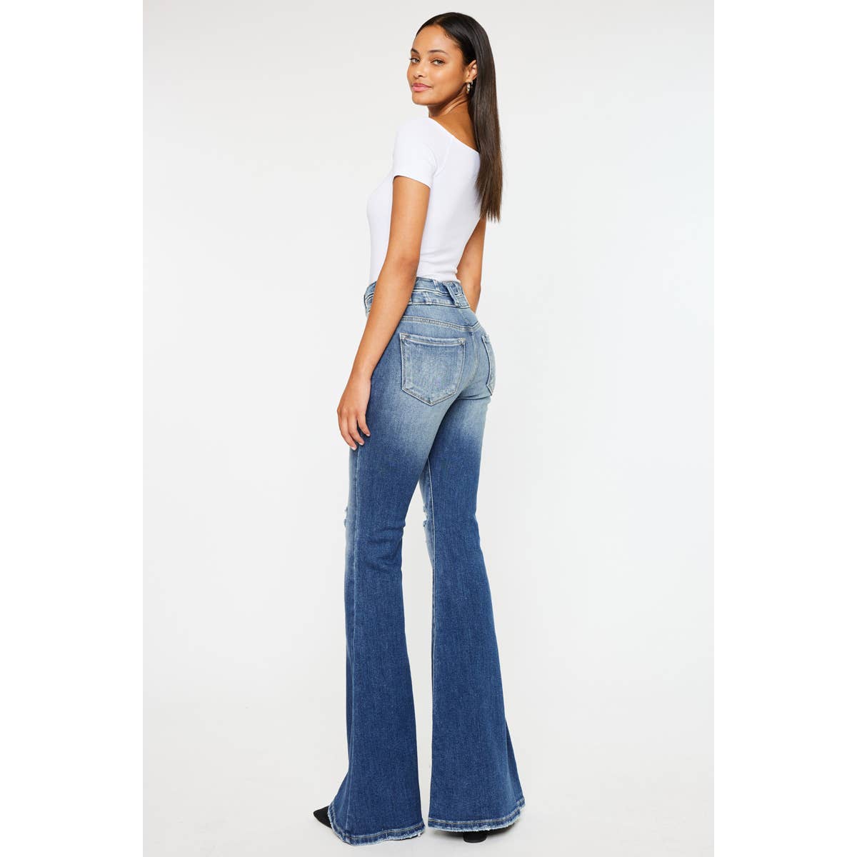 Kan Can High-Rise Super Flare Western Jeans — Dark Stone Wash with Two-Button Zip Fly & Distressed Detailing (Size 7 available) - Rooted & Reckless Co.