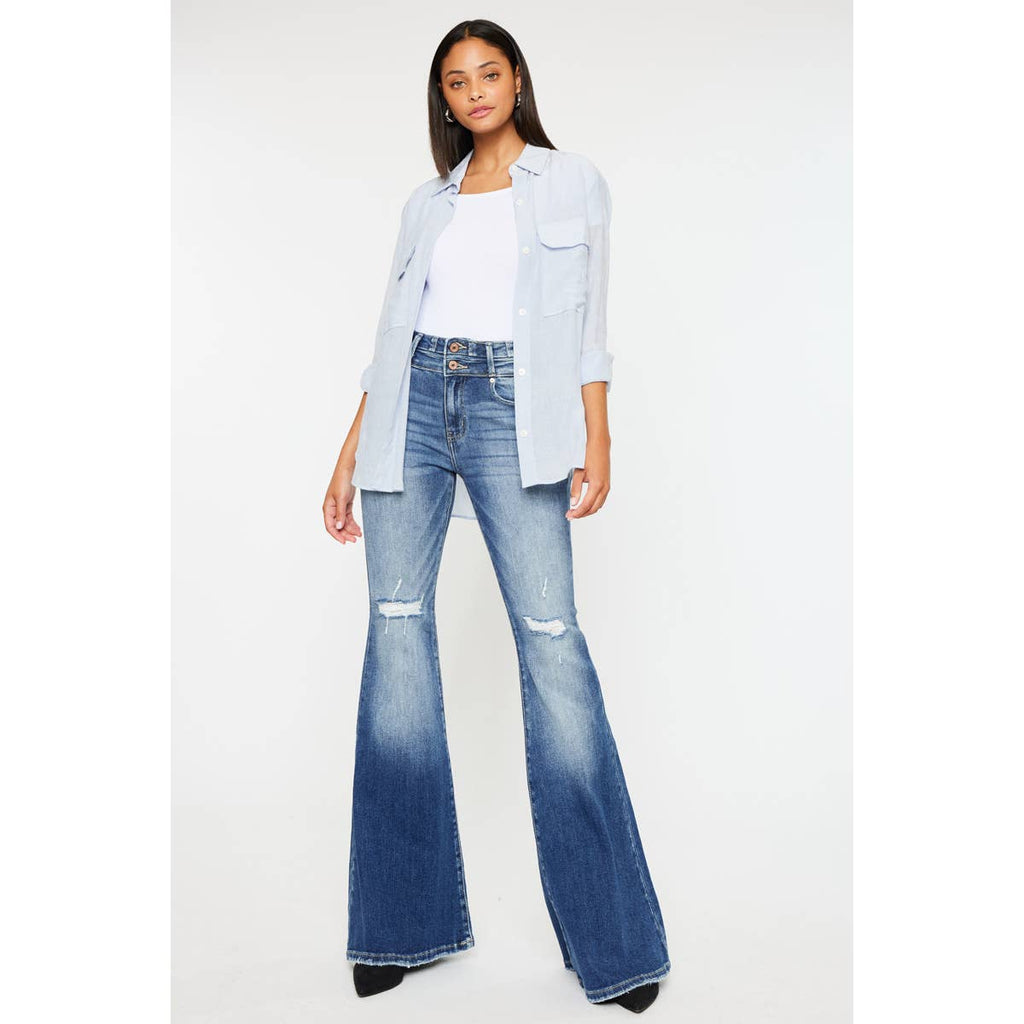 Kan Can High-Rise Super Flare Western Jeans — Dark Stone Wash with Two-Button Zip Fly & Distressed Detailing (Size 7 available) - Rooted & Reckless Co.
