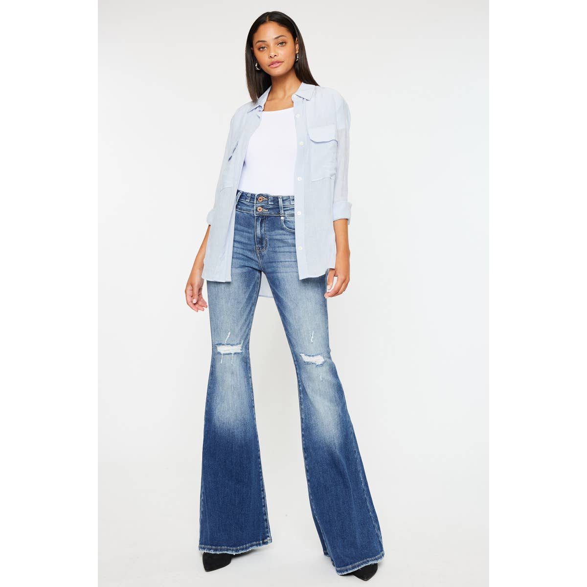 Kan Can High-Rise Super Flare Western Jeans — Dark Stone Wash with Two-Button Zip Fly & Distressed Detailing (Size 7 available) - Rooted & Reckless Co.