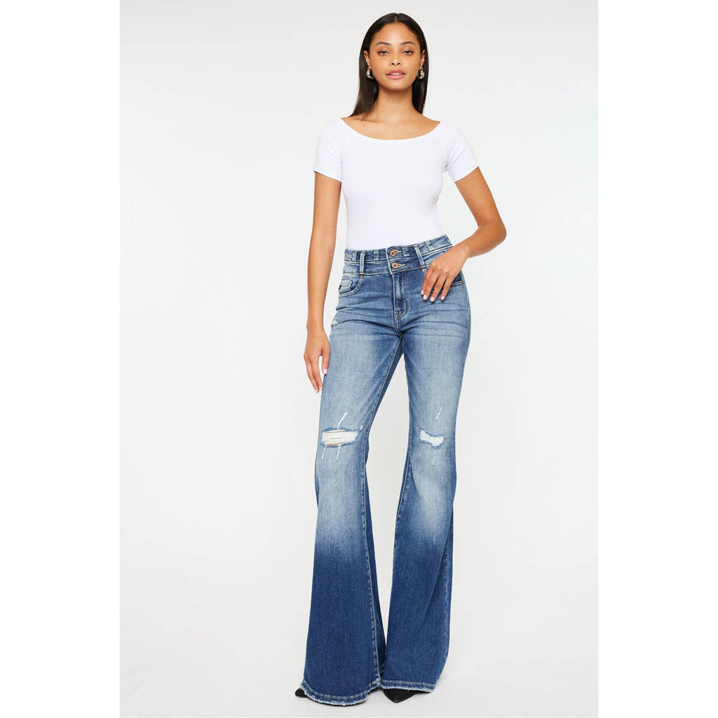 Kan Can High-Rise Super Flare Western Jeans — Dark Stone Wash with Two-Button Zip Fly & Distressed Detailing (Size 7 available) - Rooted & Reckless Co.