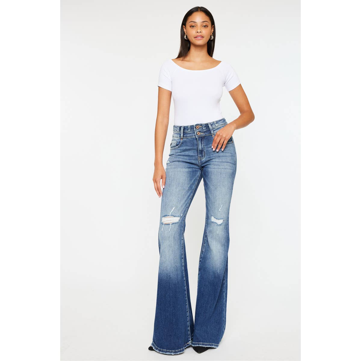 Kan Can High-Rise Super Flare Western Jeans — Dark Stone Wash with Two-Button Zip Fly & Distressed Detailing (Size 7 available) - Rooted & Reckless Co.