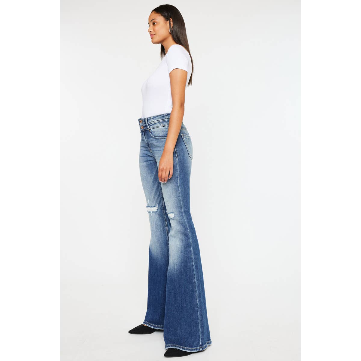 Kan Can High-Rise Super Flare Western Jeans — Dark Stone Wash with Two-Button Zip Fly & Distressed Detailing (Size 7 available) - Rooted & Reckless Co.