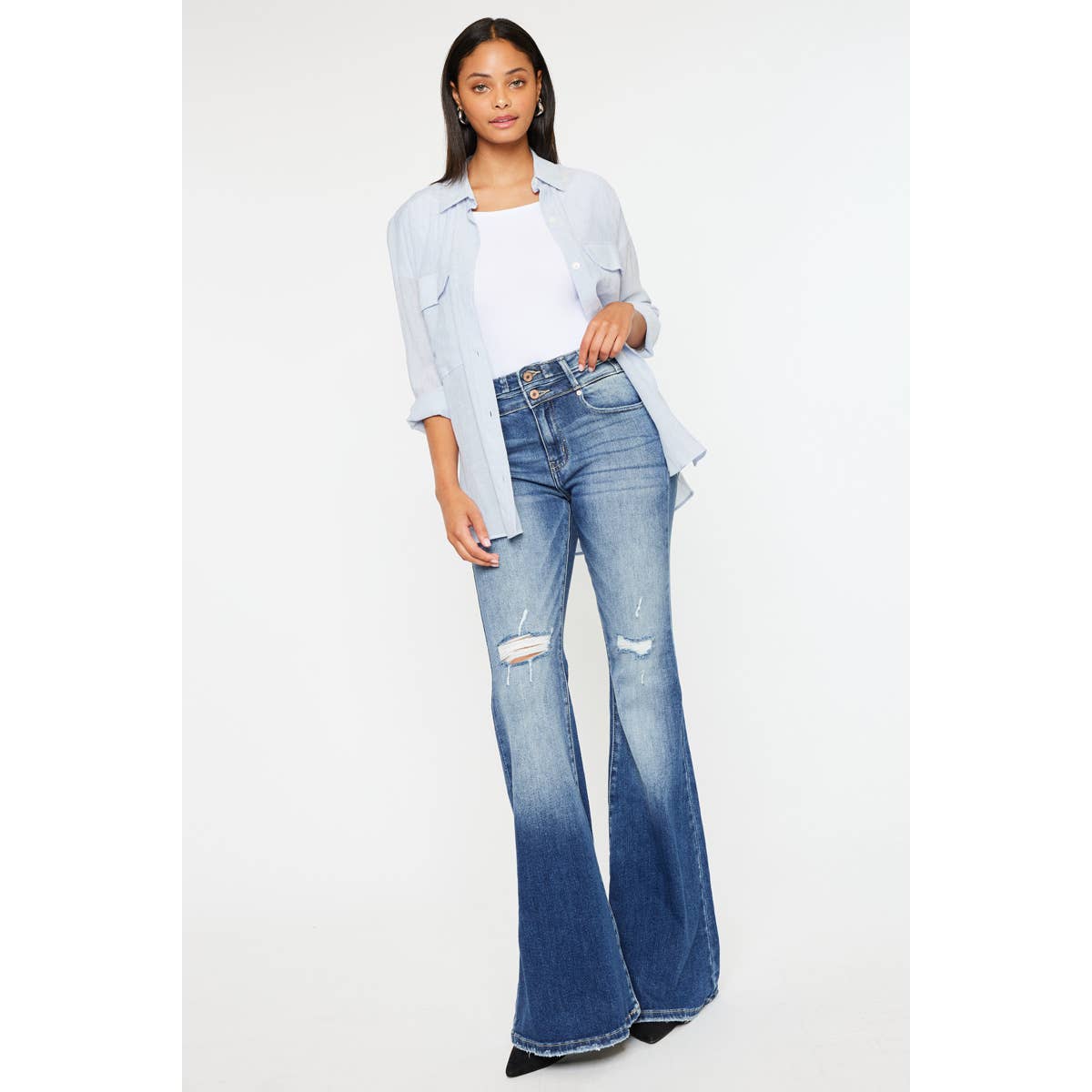 Kan Can High-Rise Super Flare Western Jeans — Dark Stone Wash with Two-Button Zip Fly & Distressed Detailing (Size 7 available) - Rooted & Reckless Co.