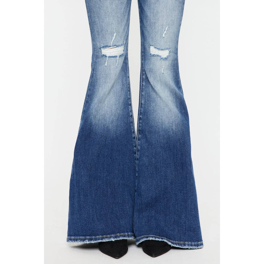 Kan Can High-Rise Super Flare Western Jeans — Dark Stone Wash with Two-Button Zip Fly & Distressed Detailing (Size 7 available) - Rooted & Reckless Co.