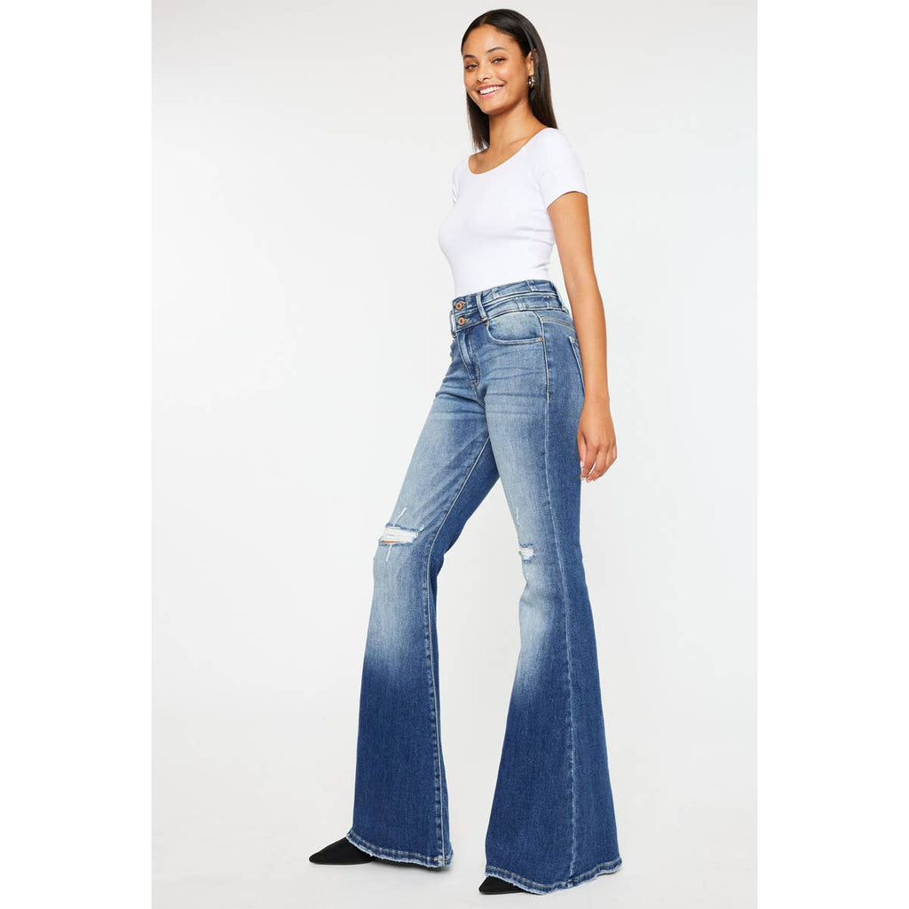 Kan Can High-Rise Super Flare Western Jeans — Dark Stone Wash with Two-Button Zip Fly & Distressed Detailing (Size 7 available) - Rooted & Reckless Co.