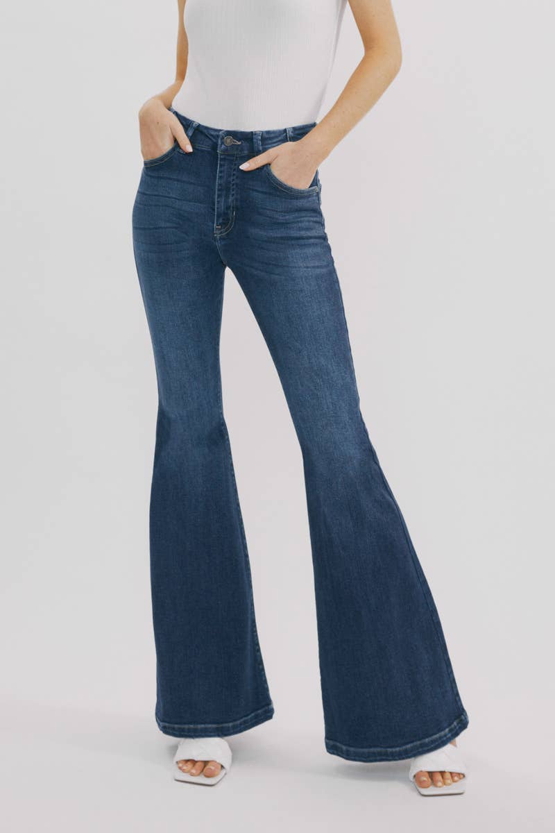Kan Can High-Rise Super Flare Western Jeans — Dark Wash with Back Waistband Seam Detail & Front Coin Pocket (Size 9 remaining) - Rooted & Reckless Co.