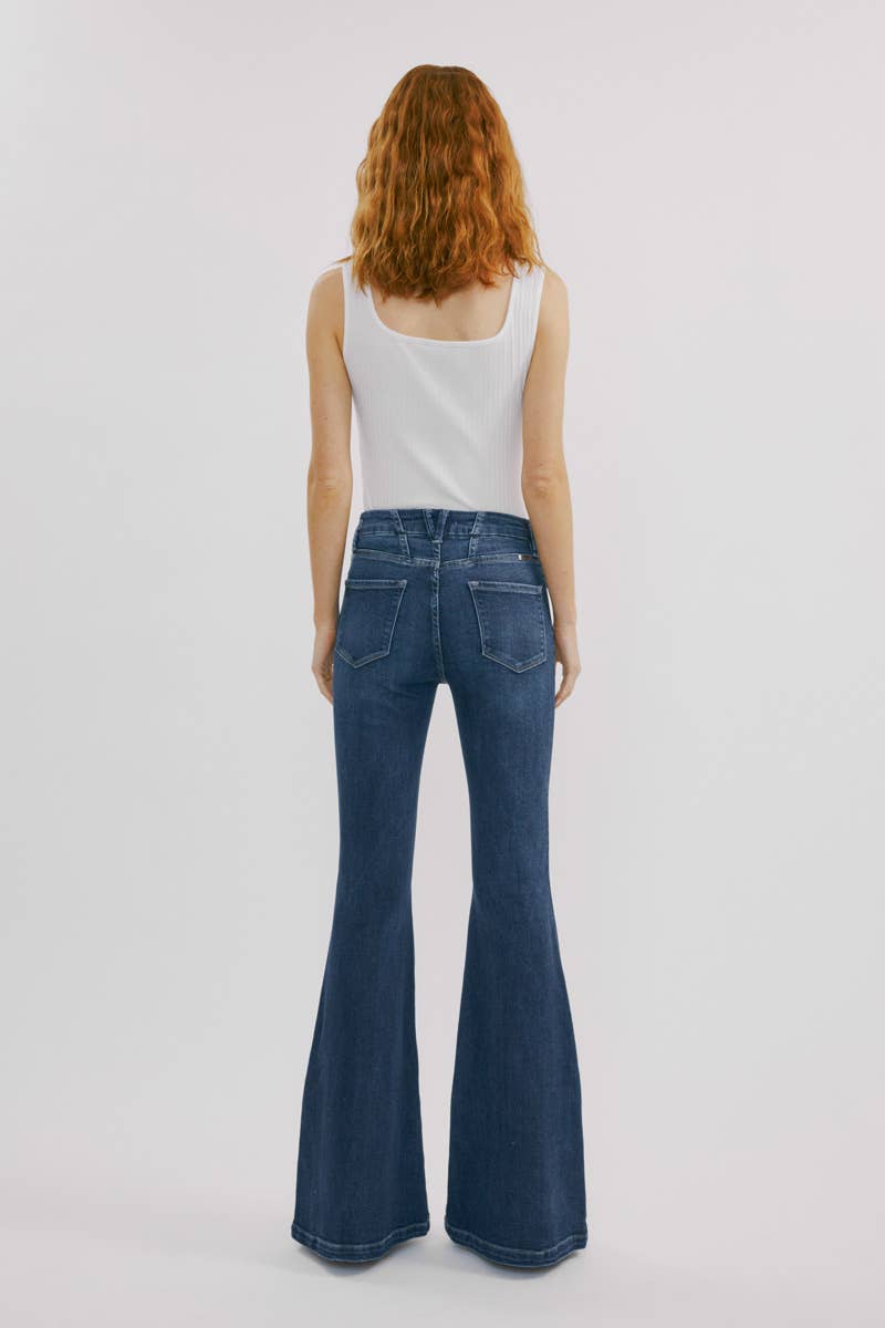 Kan Can High-Rise Super Flare Western Jeans — Dark Wash with Back Waistband Seam Detail & Front Coin Pocket (Size 9 remaining) - Rooted & Reckless Co.